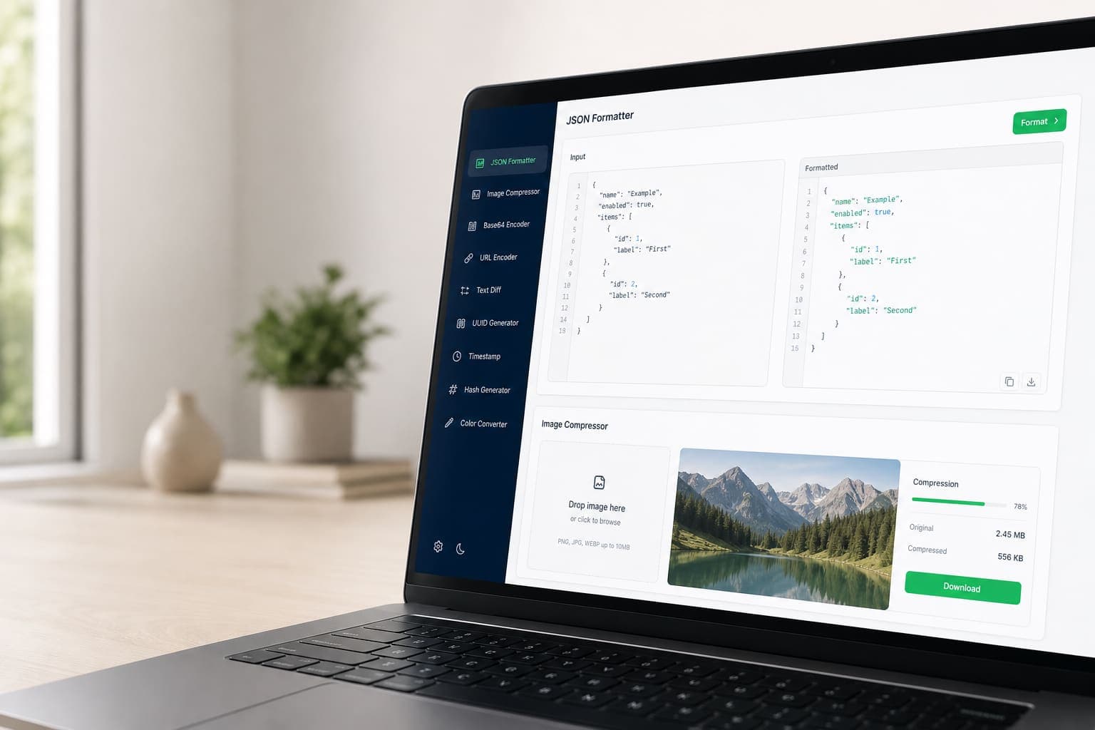 naat.tools browser utilities — JSON, image, and file tools in a clean interface